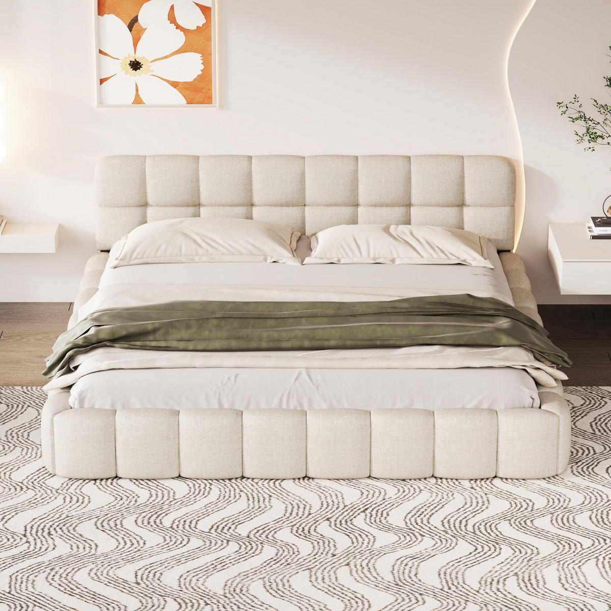 POLSTERBETT 140x190 cm Fleur Soft mit Blumenrand-Design und weicher Rückenlehne, Leinen-Optik Beige - Beige, Textil (140/190cm) - DELFA