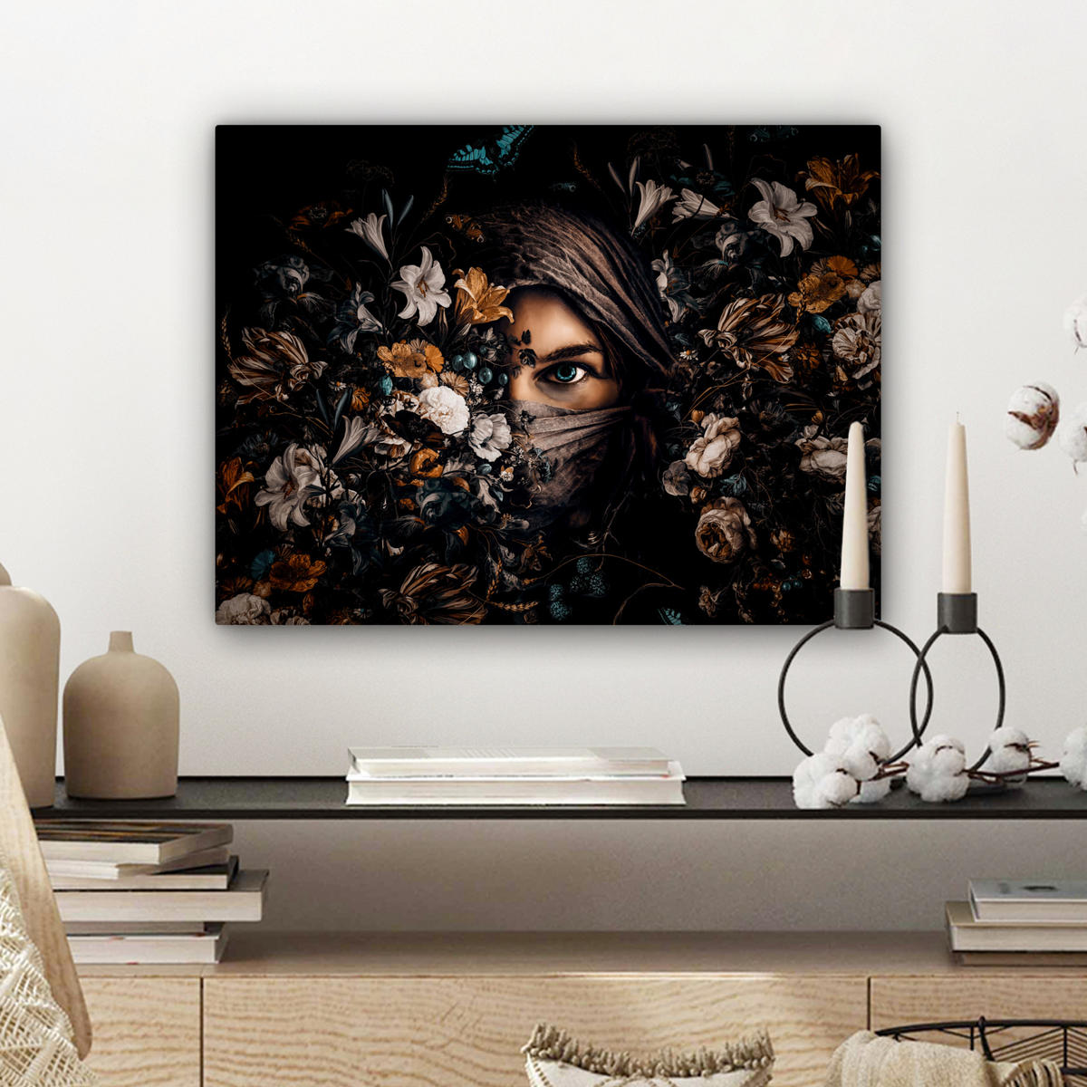 LEINWANDBILD Frau - Luxus - Blumen - Schmetterling - Porträt 40x30 cm - Schwarz, Textil (40/30cm) - MuchoWow