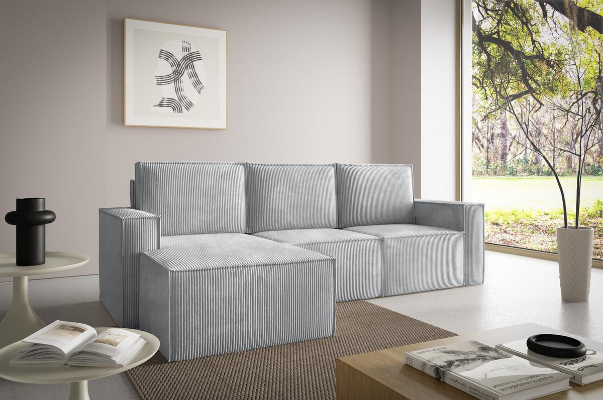ECKSOFA Orto Hellgrau, Dreisitzer Kordecksofa linke seite - Hellgrau, Holzwerkstoff/Textil (180/142cm) - Bettso