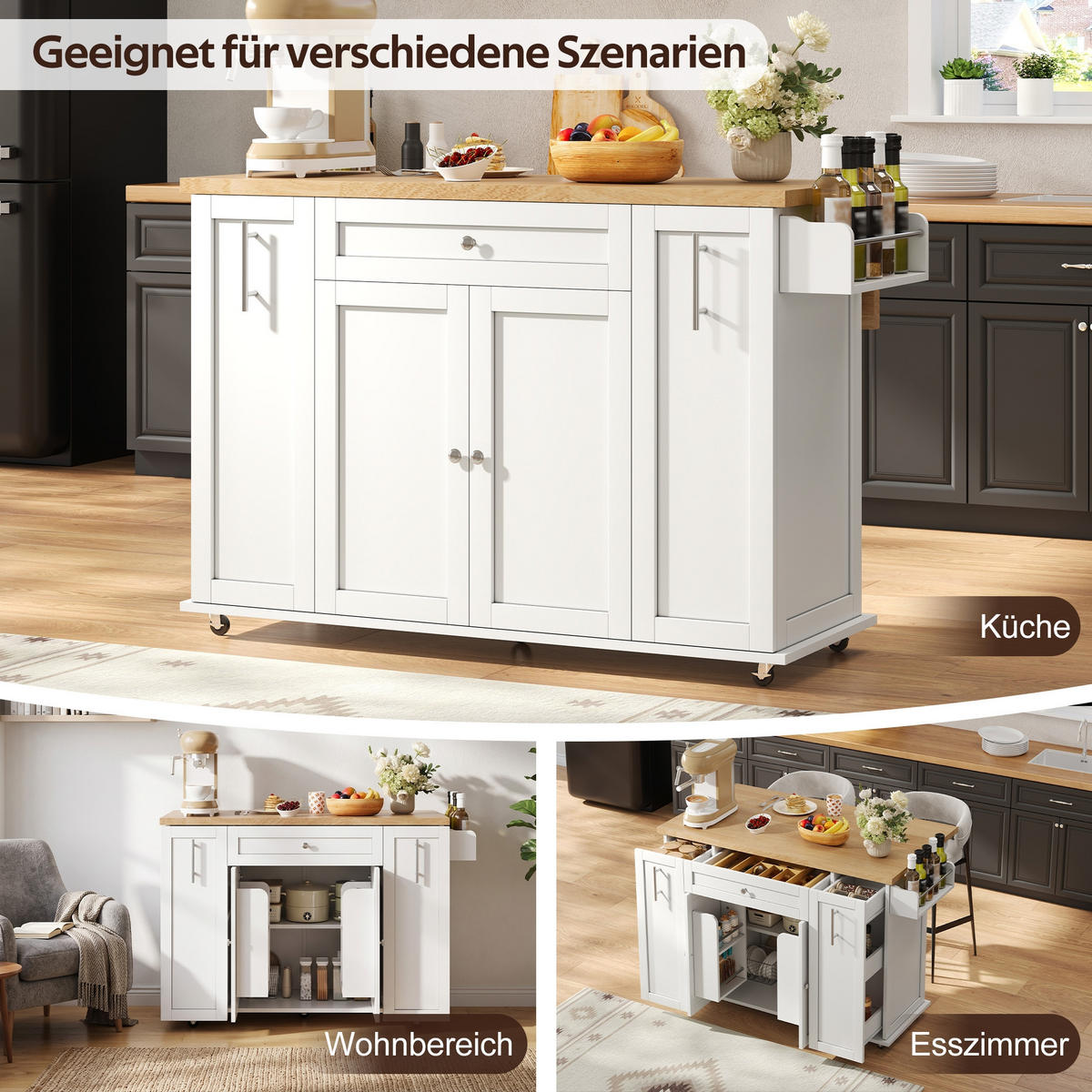 KÜCHENINSEL 120/45/83 cm Weiß mit klappbarer Arbeitsplatte, 3 vertikalen Schubladen und feststellbaren Rollen - Weiß, Holz (70/87/120cm) - Oxeza