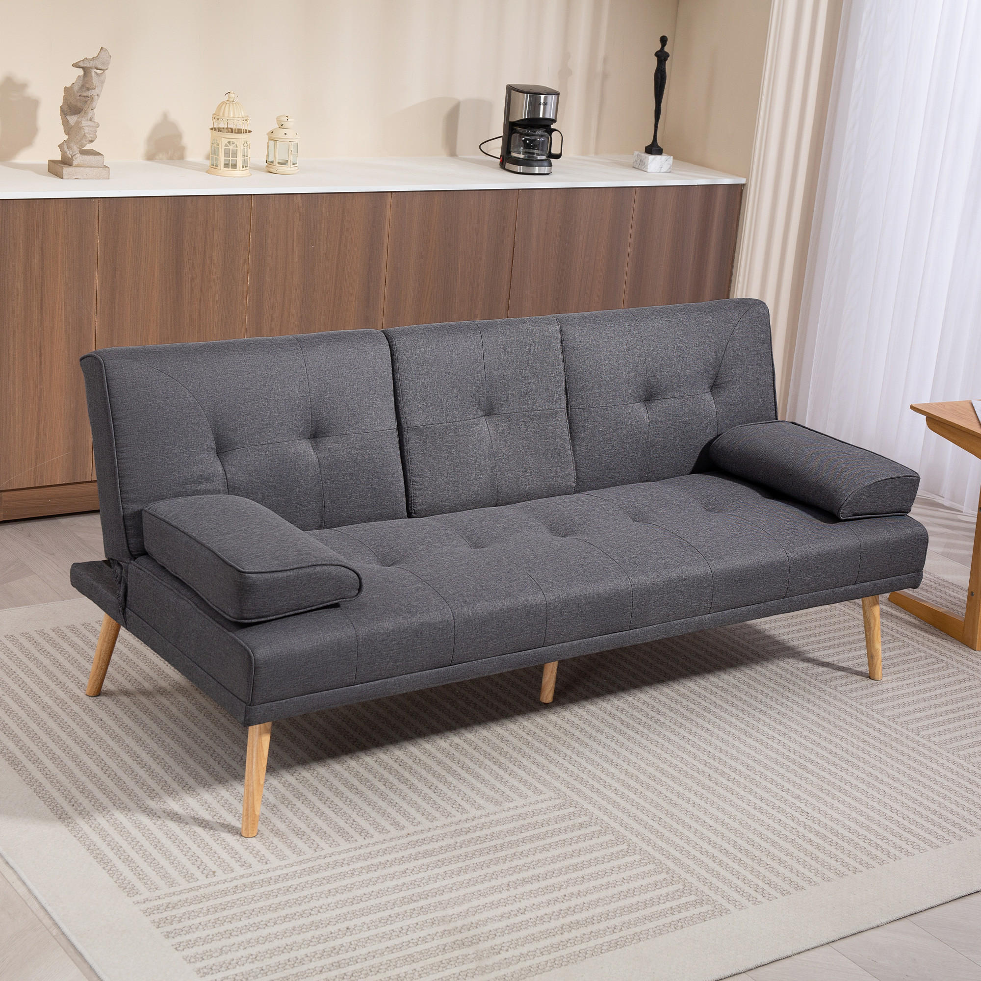 SCHLAFSOFA 3-Sitzer-Sofa Bettsofa mit Klappbarem Tisch Stoffsofa mit Leinenoptik - Dunkelgrau/Naturfarben, Holz/Textil (77/78/181cm) - HOMCOM