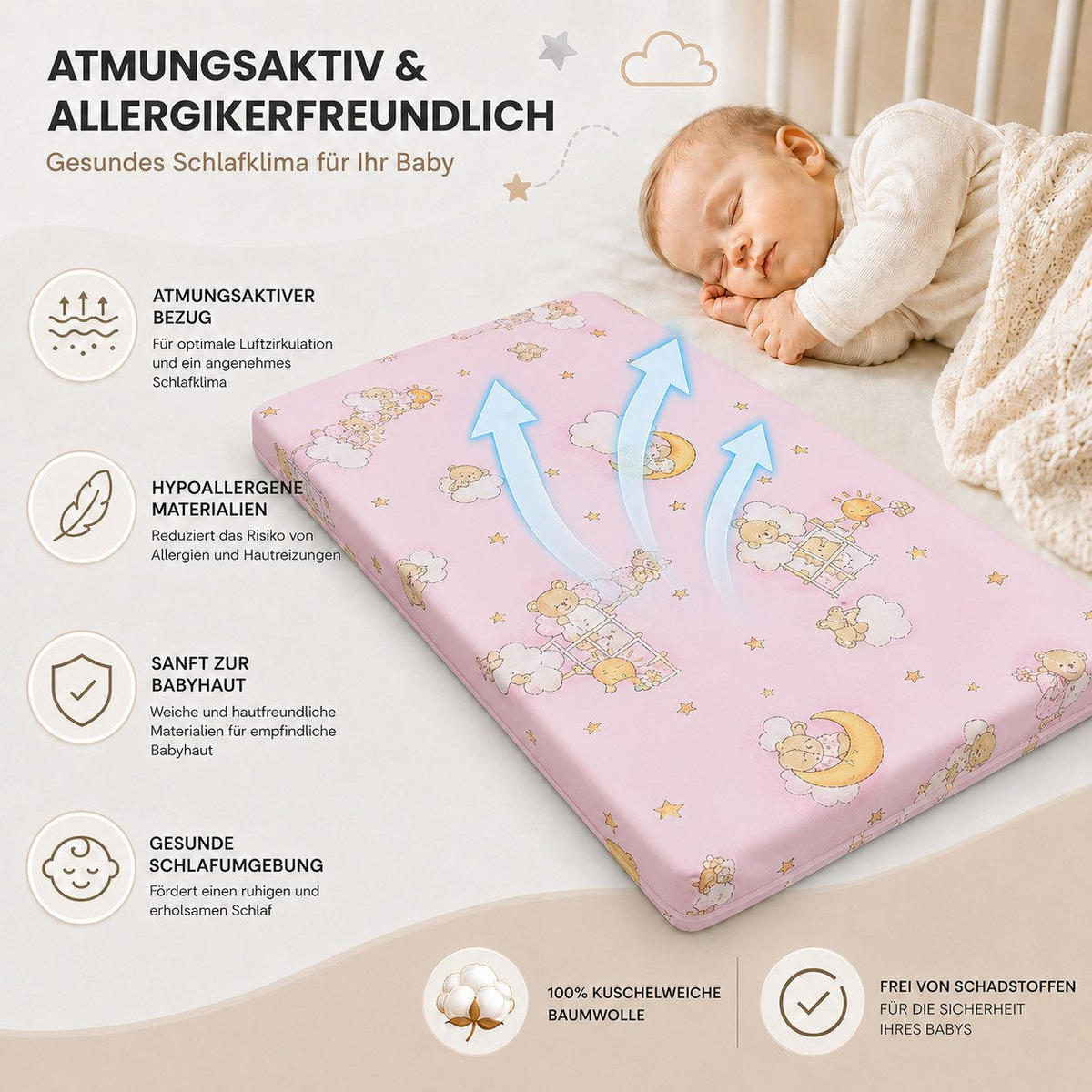 KINDERBETTMATRATZE 70/140 cm, in Rosa - Pink, Naturmaterialien - Best for Kids
