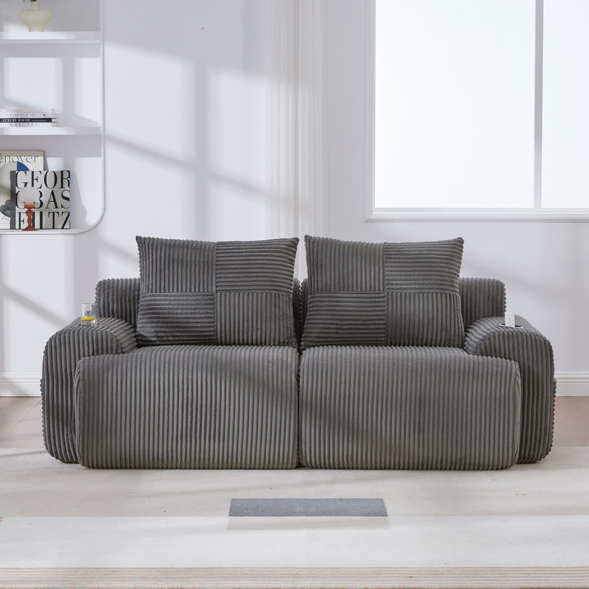 SOFA od samta, 200/99/80 cm tamnosiva, dvosjed s držačem za piće i bočnim džepom - tamno siva, tekstil (100/80/200cm) - BEAOK