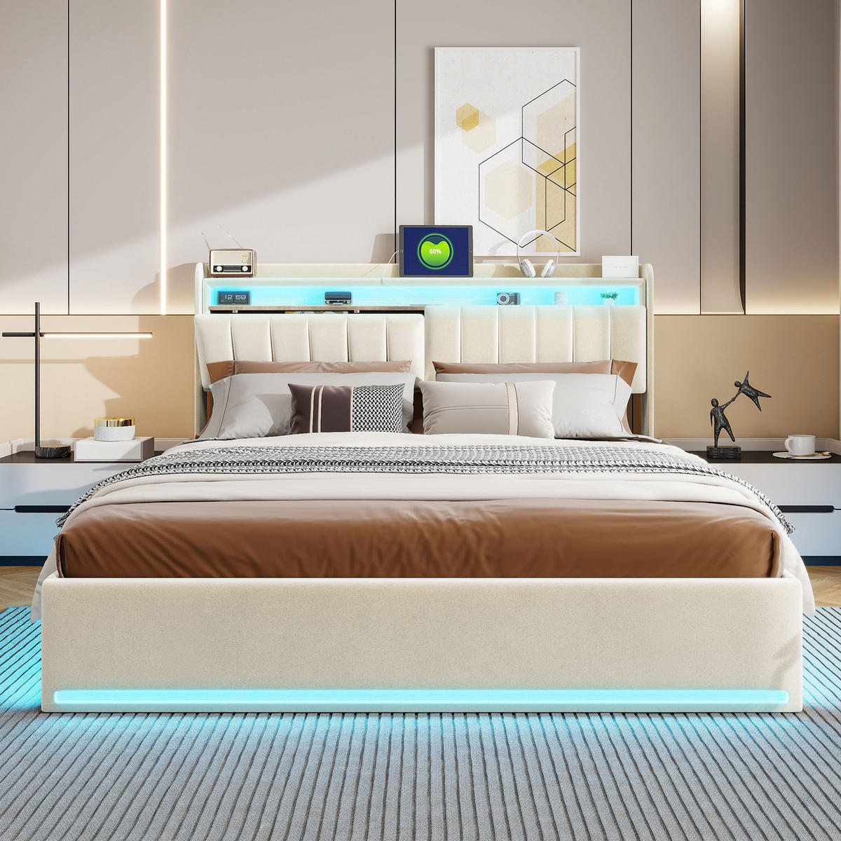 POLSTERBETT 140x190 cm Beige mit LED, USB- und USB-C, Stauraum & Bettkasten - Beige, Holz (140/190cm)