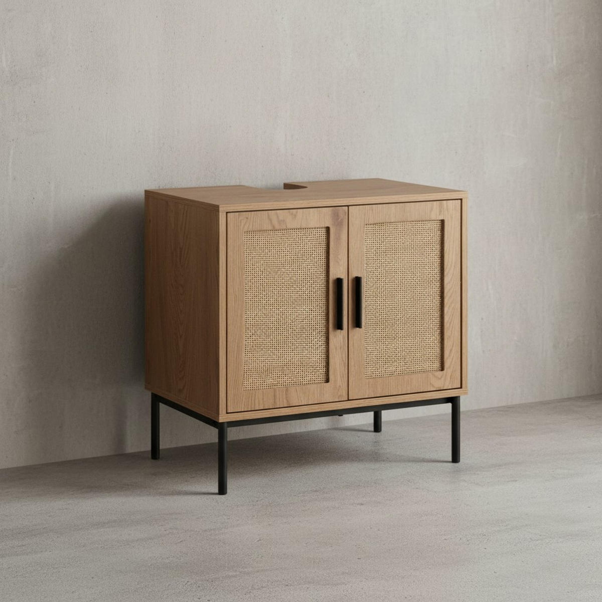 WASCHBECKENUNTERSCHRANK Eiche-Optik 60x60x40 cm mit Türen und Rattangeflecht - Schwarz/Braun, Holzwerkstoff/Metall (60/60/40cm) - KADIMA DESIGN