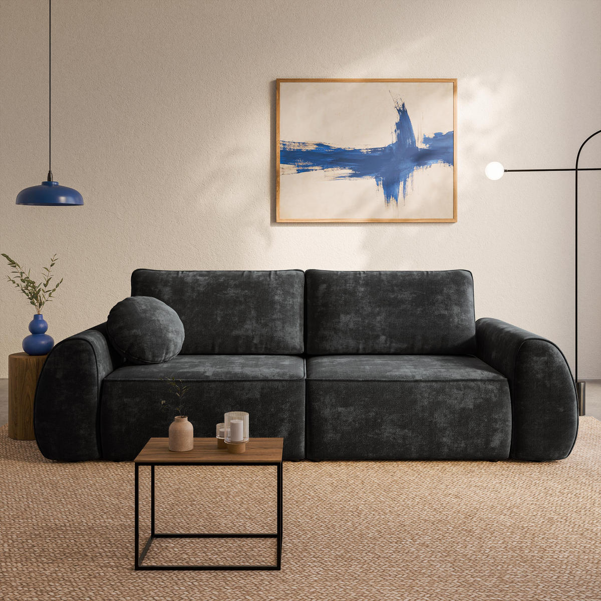 BETTSOFA ZEFEO Schwarz Chenille-Stoff mit Schlaffunktion - Schwarz, Textil (264/96/106cm) - MASSENO