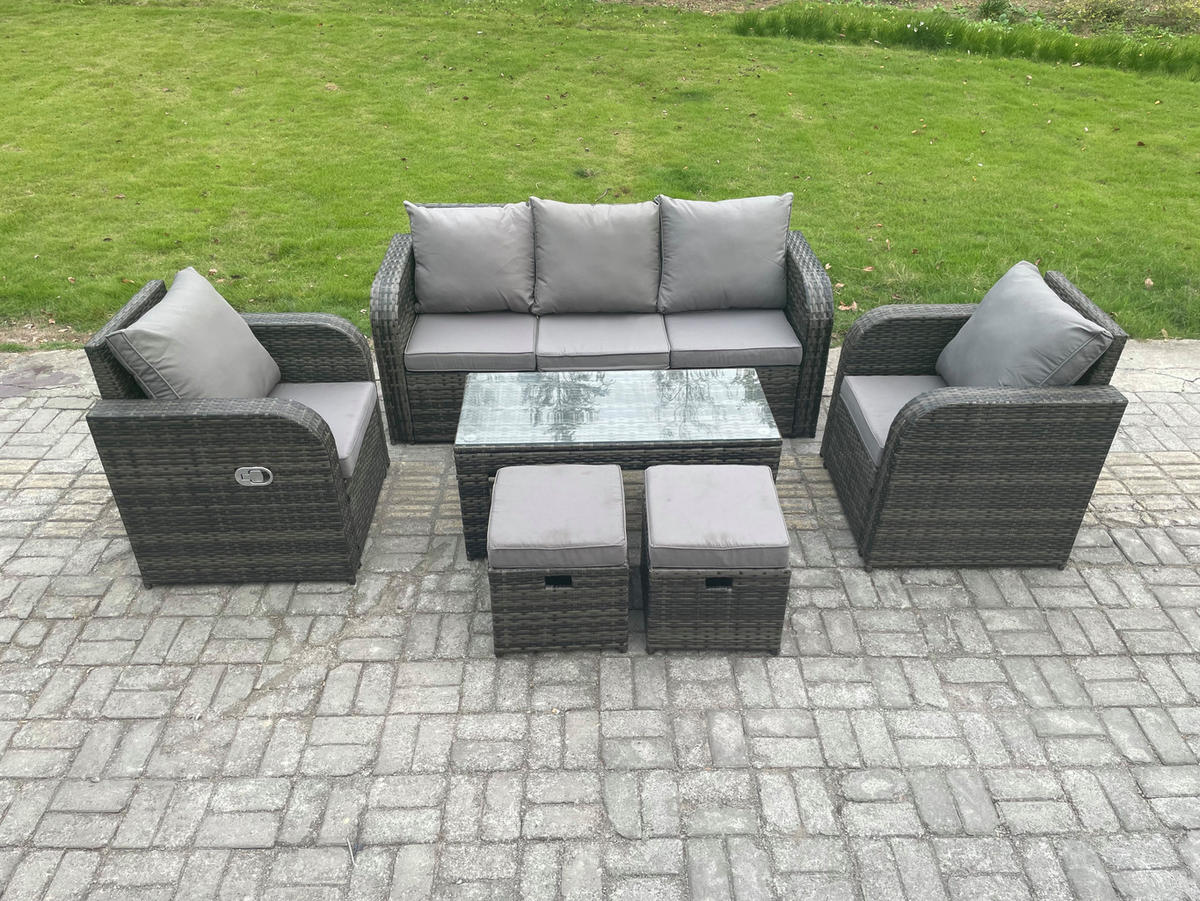 GARTENMÖBEL SET Mit Sofa Polyrattan 7-Sitzer Dunkelgrau - Dunkelgrau/Grau, Glas/Kunststoff - Fimous