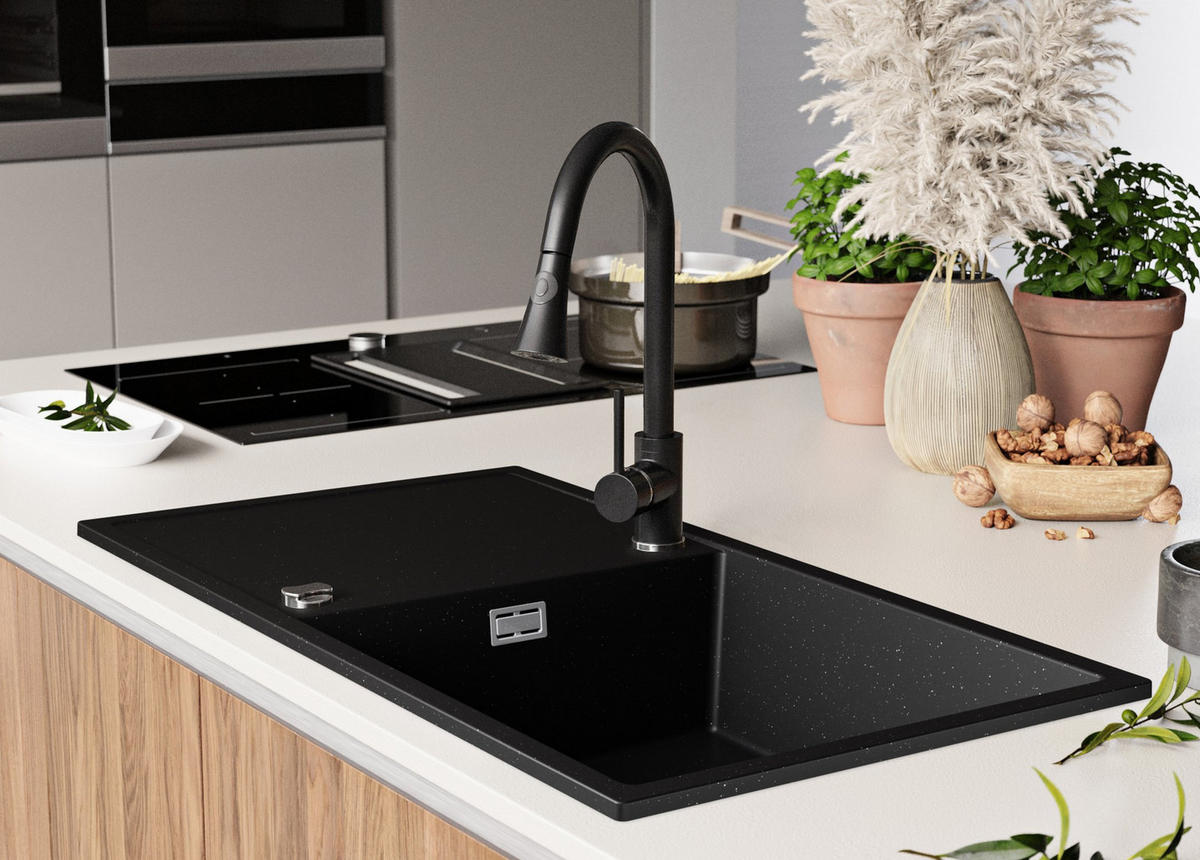 SPÜLBECKEN Ibiza, 2-er set Schwarz Metallic 90/50 cm 1 Becken + Ablauf-Set ab 60er Unterschrank - Chromfarben/Schwarz Hochglanz, Kunststoff (90/19/50cm) - Primagran