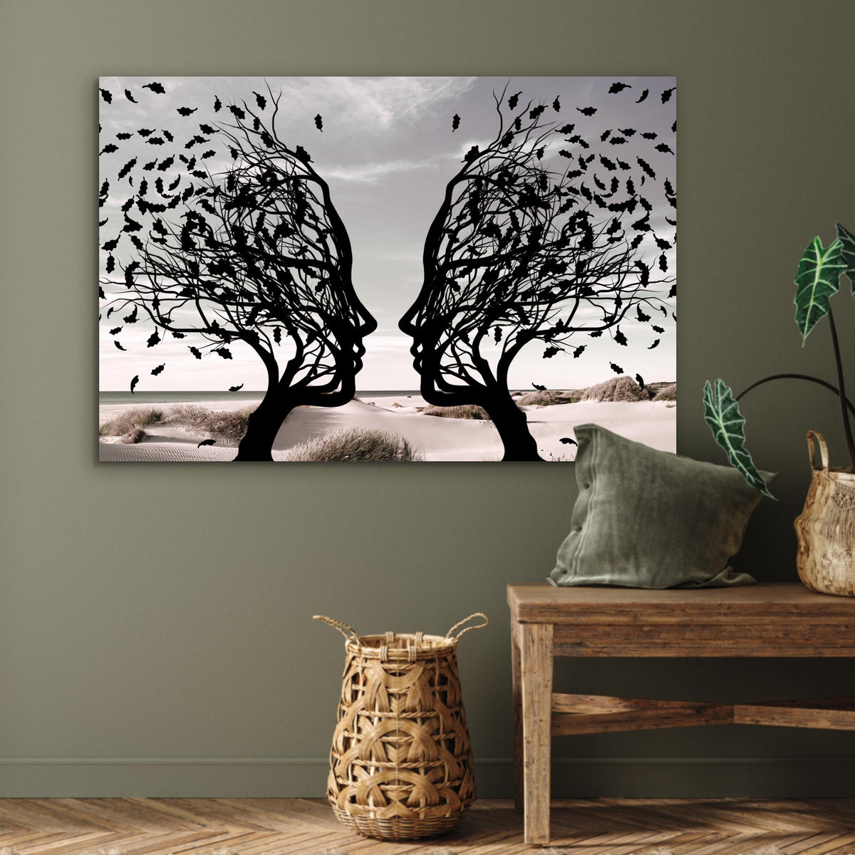 METALLBILD Strand - Meer - Menschen - Baum - Moderne Kunst 90x60 cm - Hellgrau, Metall (90/60cm) - MuchoWow