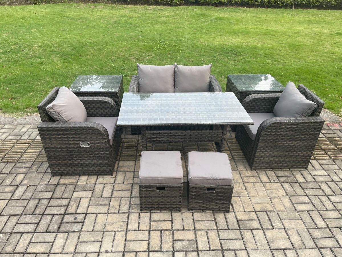 GARTENMÖBEL SET mit Hocker,Beistelltischen,Zweisitzer Polyrattan 6-Sitzer - Dunkelgrau/Grau, Glas/Kunststoff - Fimous