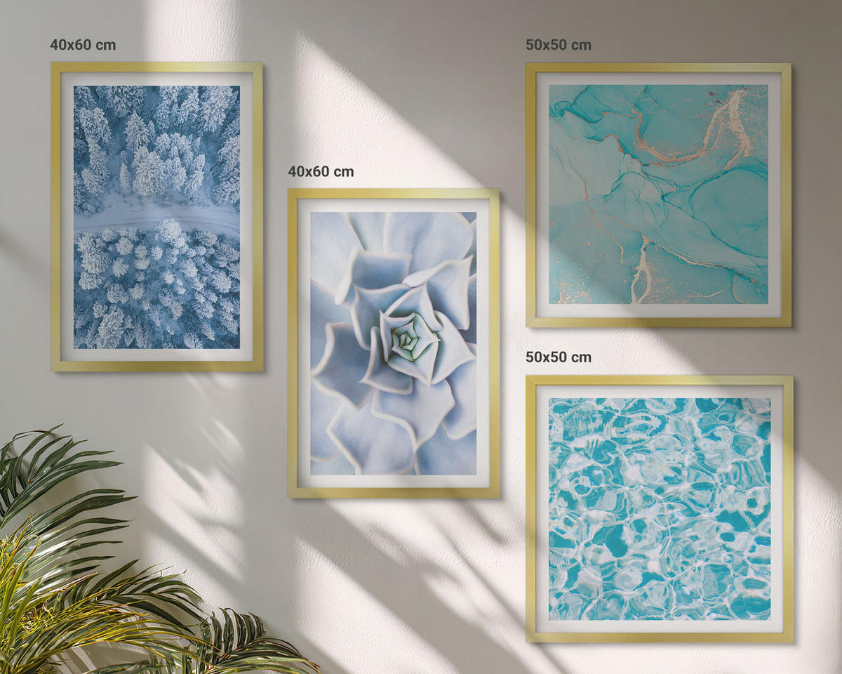 BILDER SET 4er Set - 50x50 cm & 40x60 cm Goldrahmen - Winterwald-Blaublume - Goldfarben, Kunststoff (50/50cm) - TULUP