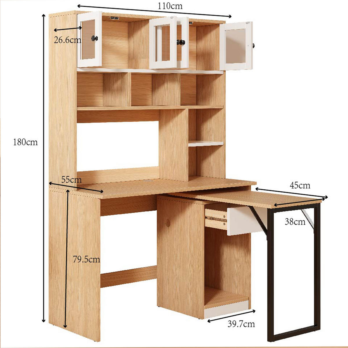 SCHRANKSCHREIBTISCH ARBEITSTISCH in Naturfarben Computertisch Schreibtisch mit Regal Schrank, Stauraum ,B110/T55/H180cm - Transparent/Naturfarben, Holzwerkstoff (55/110/180cm) - STILVORA