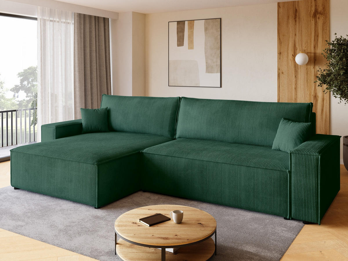 ECKSOFA ADI XL mit Schlaffunktion Dunkelgrün Cord - Dunkelgrün, Textil (272/143cm) - Bromarkt