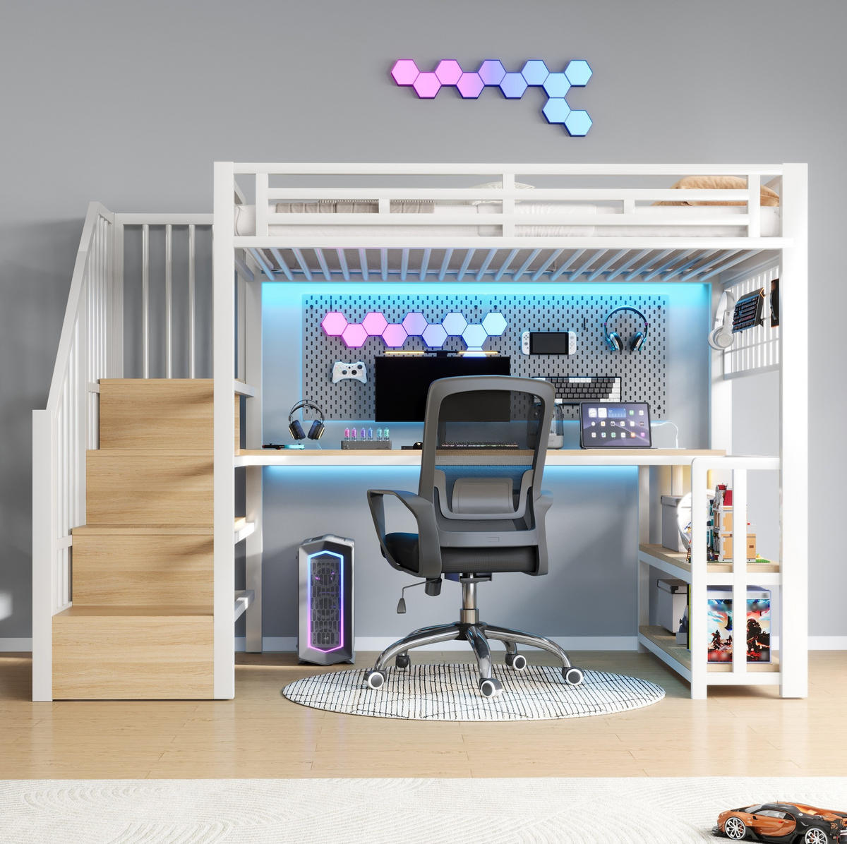 HOCHBETT 90/200 cm in Weiß mit Schreibtisch, Stauraum und LED-Beleuchtung - Weiß, Metall (90/200cm) - Flora Grace