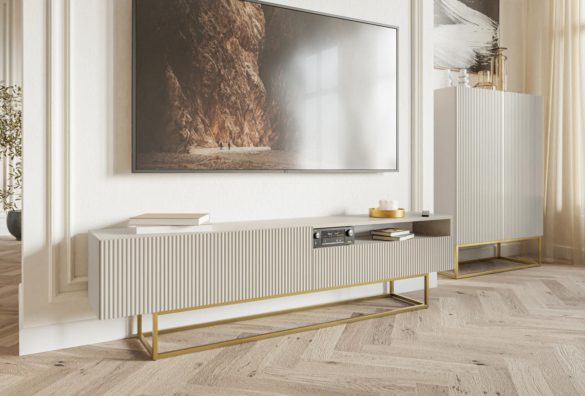 TV-SCHRANK Veldio Graubeige mit offenem Fach und goldenen Metallbeinen 175 cm - Greige/Goldfarben, Holzwerkstoff/Metall (175/46.5/31.6cm) - Selsey