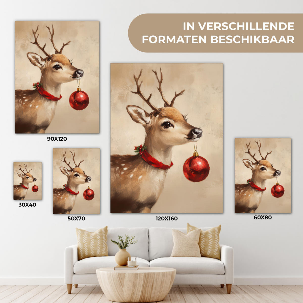 LEINWANDBILD Weihnachten - Hirsch - Geweih - Weihnachtskugel - Rentier Room Decor 30x40 cm - Hellbraun, Textil (30/40cm) - MuchoWow