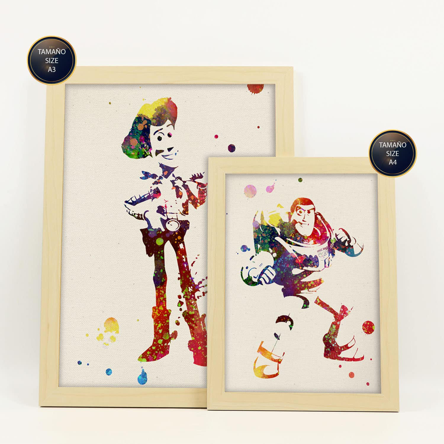 POSTER Set Mit 6 Toy Story Illustrationen Im Aquarell Stil Von Klassischen Kindermärchen, Filmen Und Büchern A3 & A4 Rahmen Aus Hellem Holz - Beige, Papier (29/3cm) - Nacnic