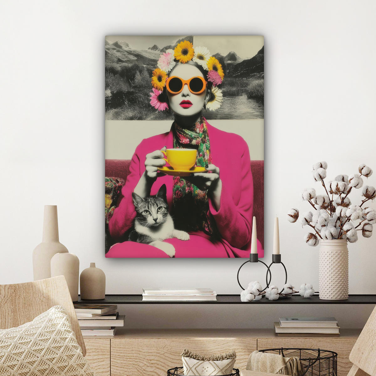 LEINWANDBILD Frau - Katze - Blumen - Tasse - Retro Wandbild Wohnzimmer 60x80 cm - Magenta, Textil (60/80cm) - MuchoWow