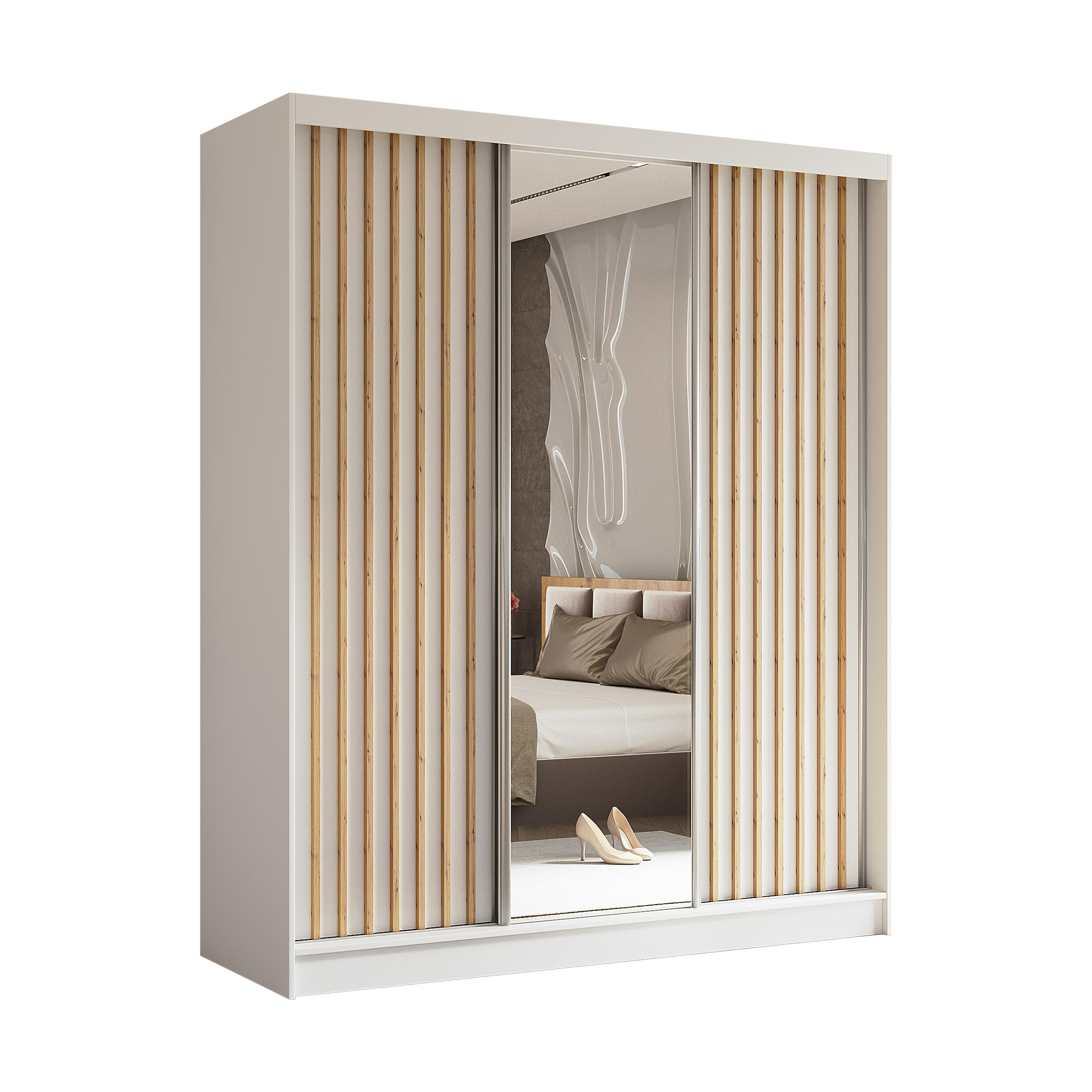 SCHWEBETÜRENSCHRANK LAMELLO 180/216/61 cm 3-türig mit Spiegel Weiß - Weiß, Holzwerkstoff (180/216/61cm) - MASSENO