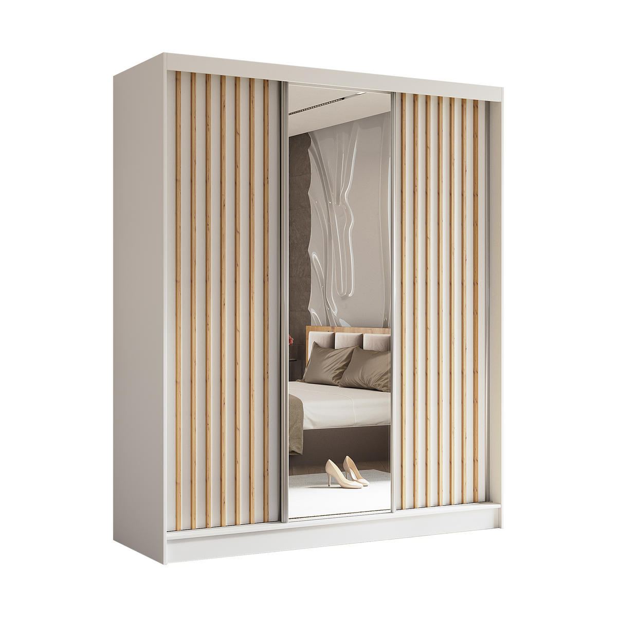 SCHWEBETÜRENSCHRANK LAMELLO 180/216/61 cm 3-türig mit Spiegel Weiß - Weiß, Holzwerkstoff (180/216/61cm) - MASSENO