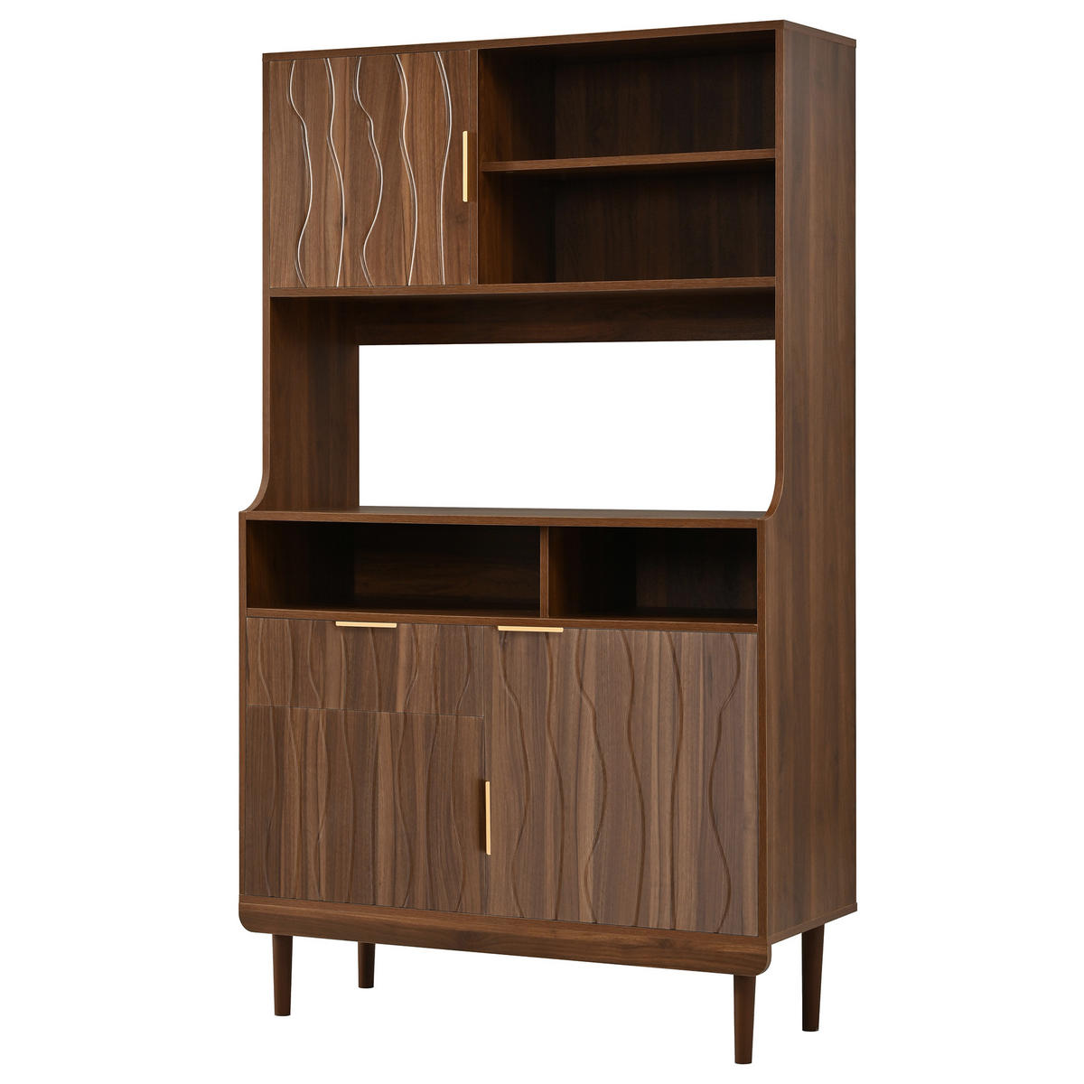KÜCHENSCHRANK Walnuss mit Wellenstruktur, offenen Regalen & Schublade - Walnussfarben, Holzwerkstoff (100/170/32cm) - Urban Meuble