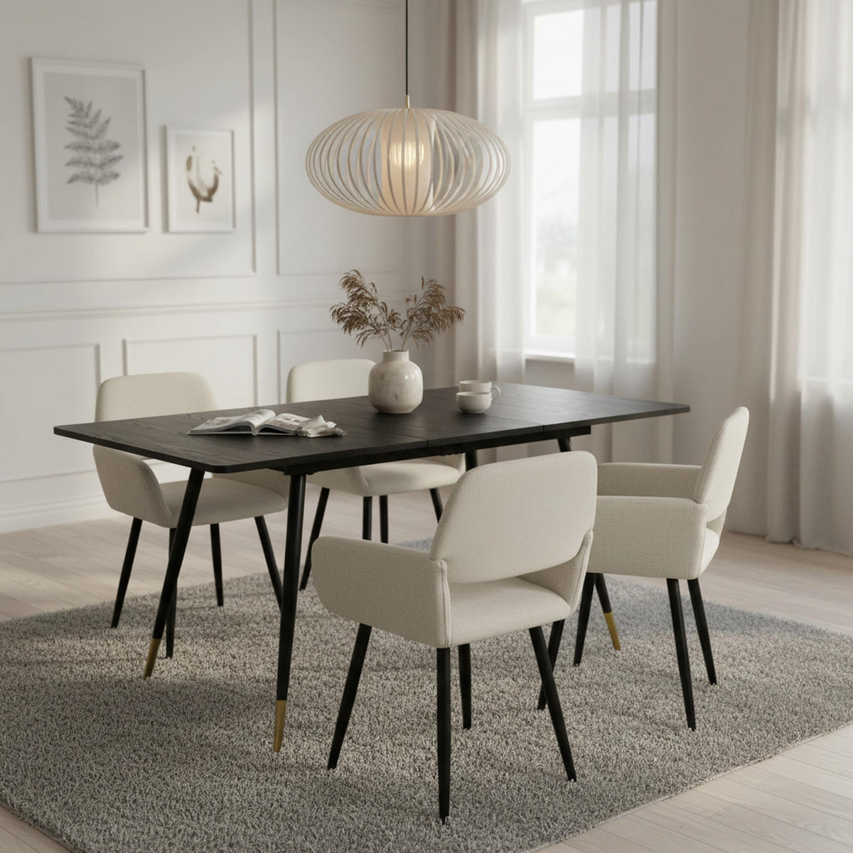 ESSZIMMER SET mit ausziehbarem Tisch und 4 bequemen Stühlen - Beige/Schwarz, Holzwerkstoff/Metall (80/75/160cm) - Urban Meuble