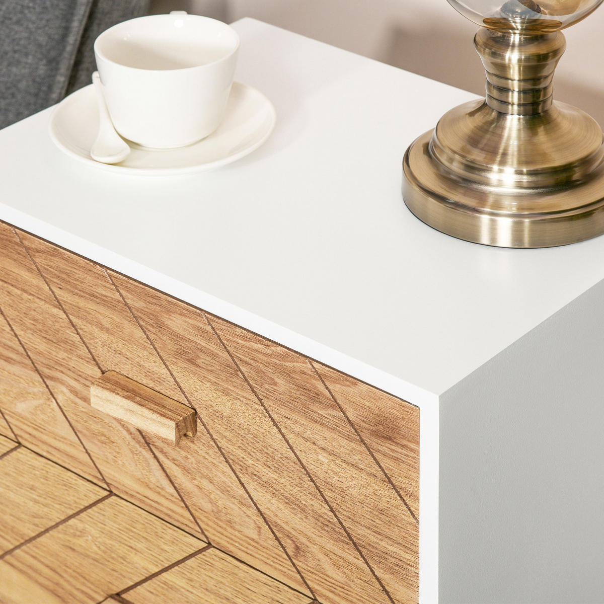 NACHTTISCH Weiß und Natur MDF und Holz mit 2 Schubladen 1er-Set - Weiß, Holz (40/55.5/30cm) - PANGIVO
