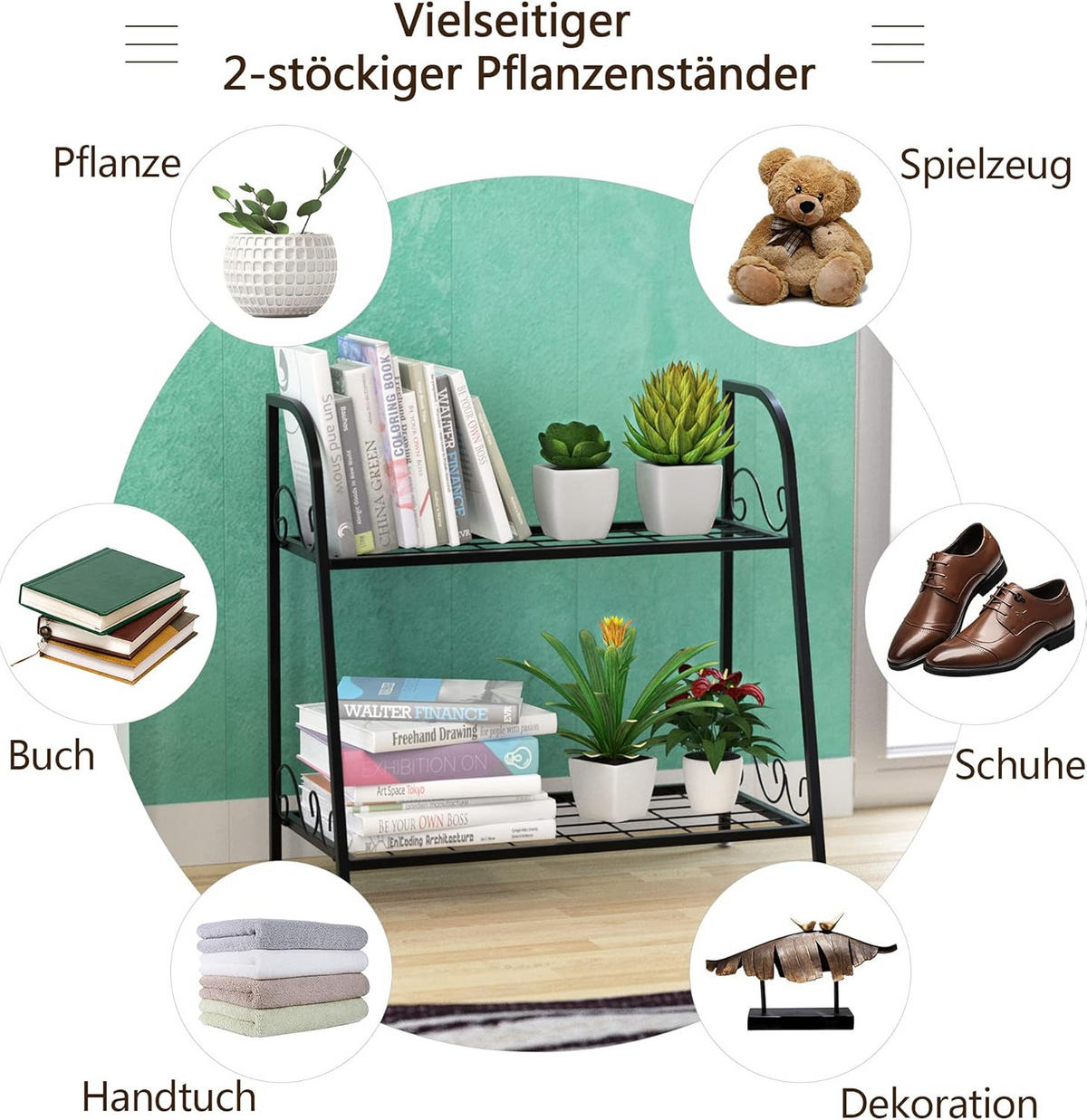 STOJAN NA RASTLINY Regál na rastliny 2-poschodový Čierny - čierna, kov (63/62/31cm) - COSTWAY