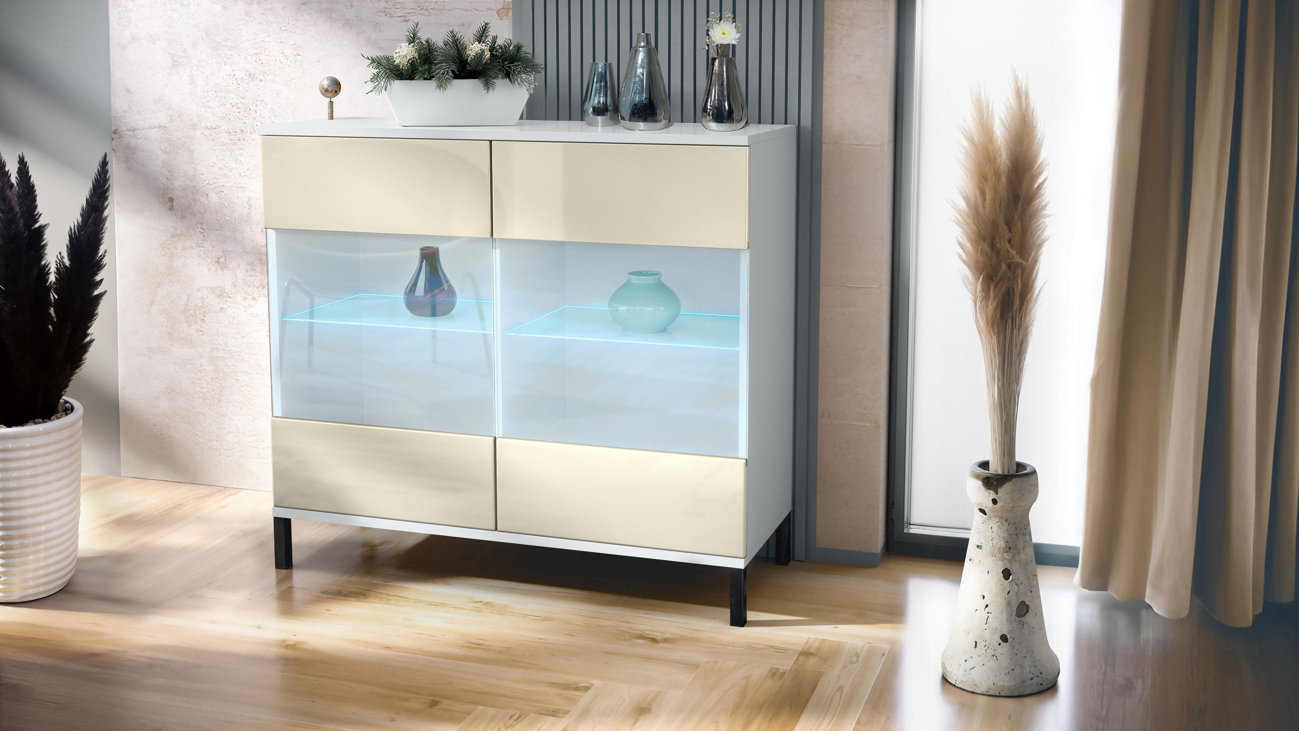 KOMMODE Bari Creme Hochglanz - Creme, Holzwerkstoff (92.5/83.5/35cm) - Vladon