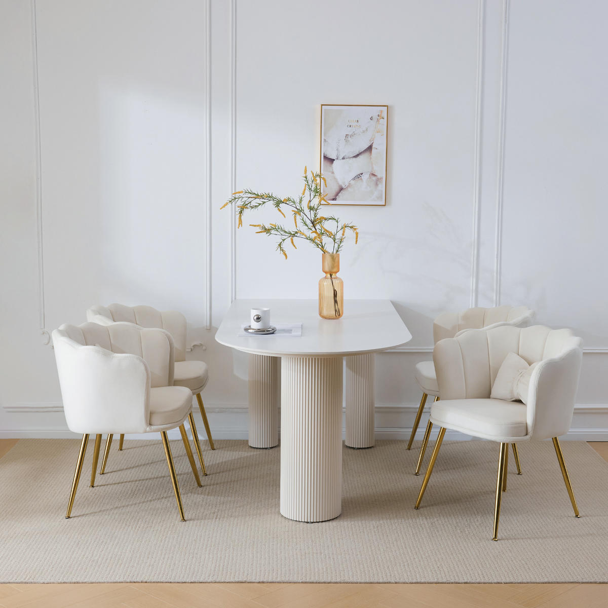 STUHL SET 4-TEILIG Samt Polster Blütenblatt-Rücken Goldfüße & Kissen Beige - Beige, Holz (62/43/54cm) - FLIEKS