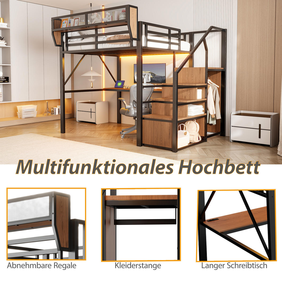 HOCHBETT 140/200 cm in Schwarz mit LED-Lichtleiste, Schreibtisch, Sicherheitsleiter und Stauraum - Schwarz, Metall (140/200cm) - STILVORA