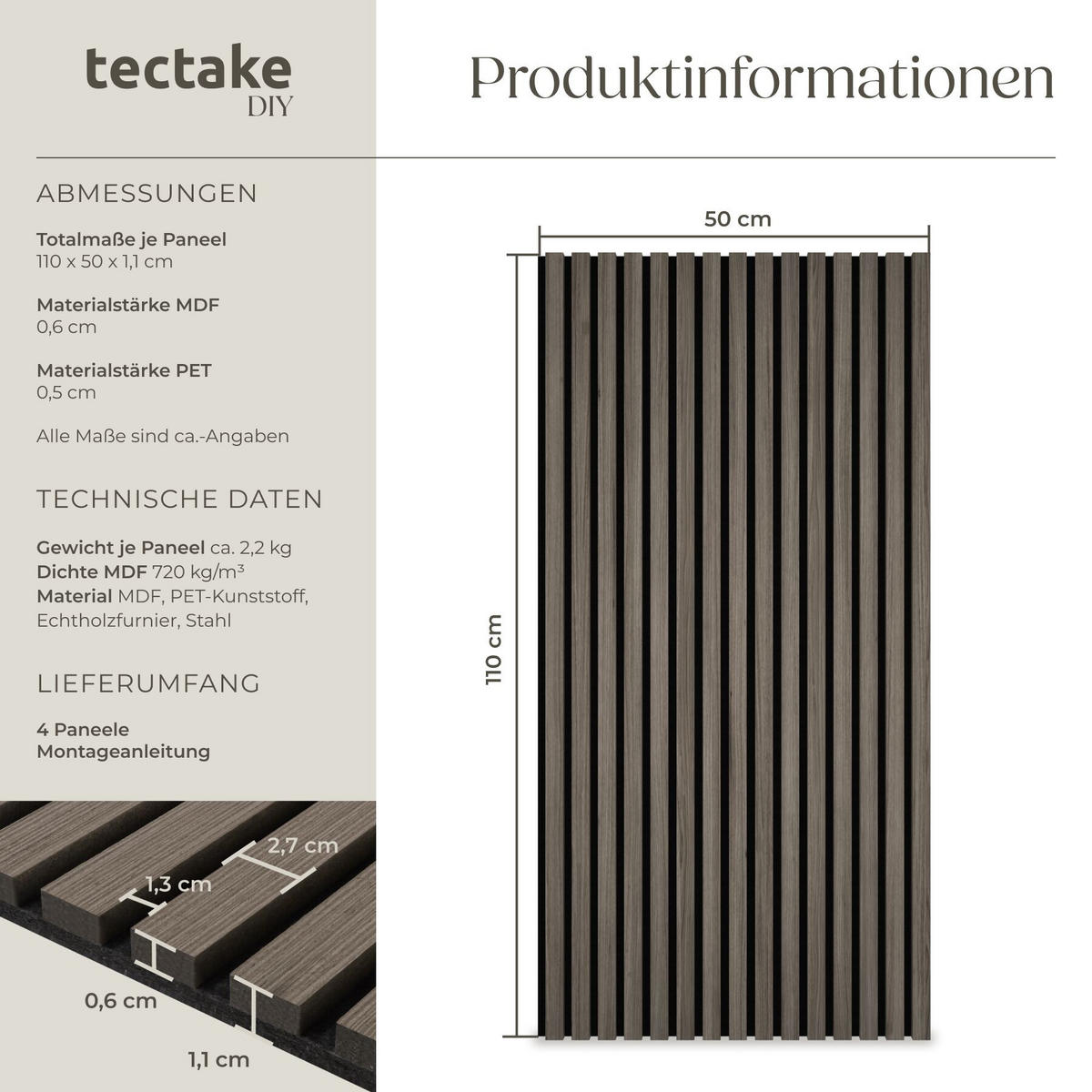 AKUSTIKPANEELE 4er Set Sonic Wall Iv, je 110 x 50 x 1,1 cm, Größe flexibel anpassbar, Eiche grau - Grau/Silbereichenfarben, Holz (50/1.1/110cm) - tectake