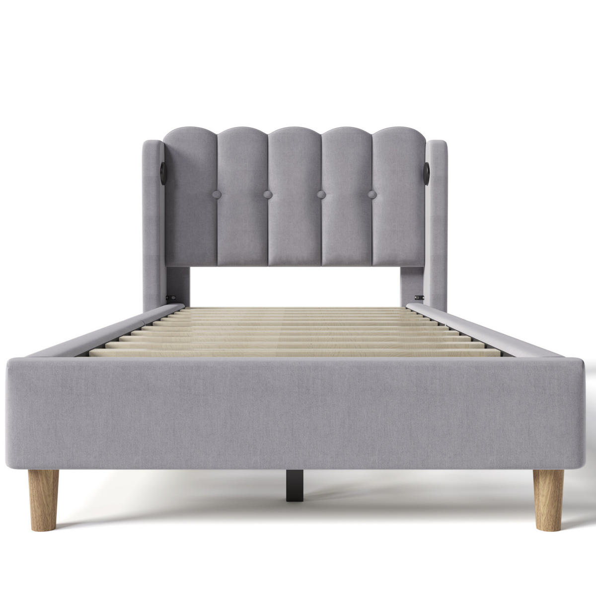 POLNJENA postelja iz lanu 90x200 cm siva z USB in USB-C polnjenjem ter panelnim vzglavjem - siva, tekstil (90/200cm) - Modfu