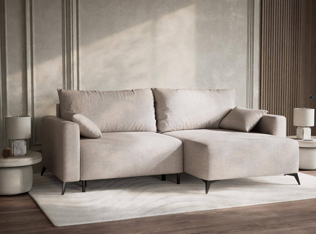 ECKSOFA MIT SCHLAFFUNKTION Leon Hellbeige Webstoff - Beige/Schwarz, Holz/Holzwerkstoff (239/148cm) - Maison de Reve