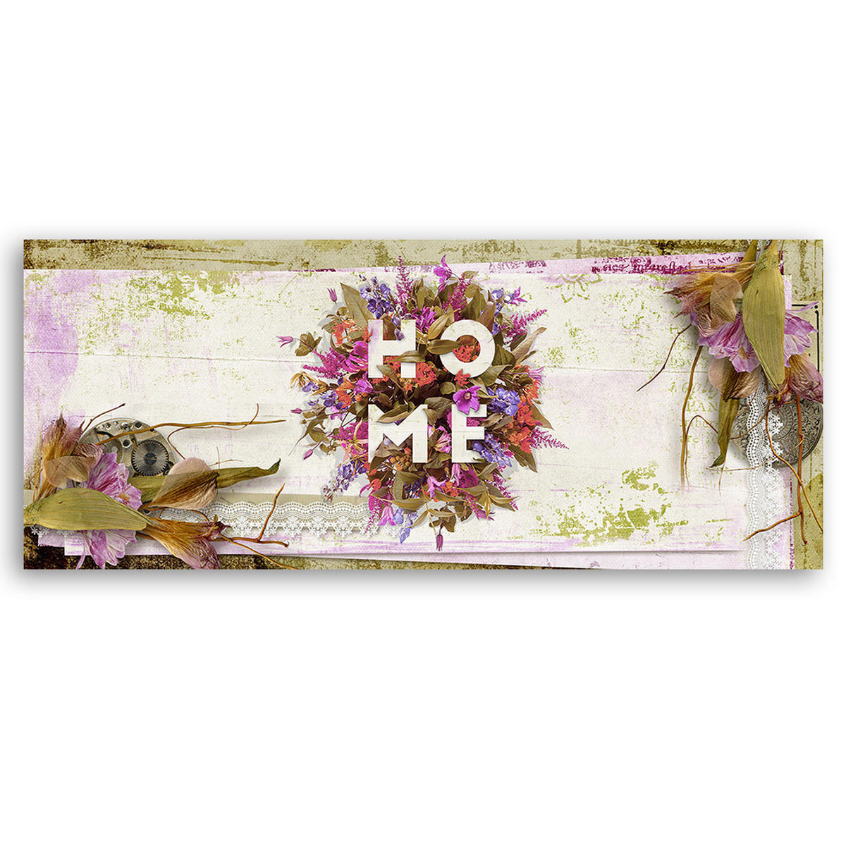 WANDBILD home beschriftung mit blumen - Grün, Textil (90/30cm) - Feeby