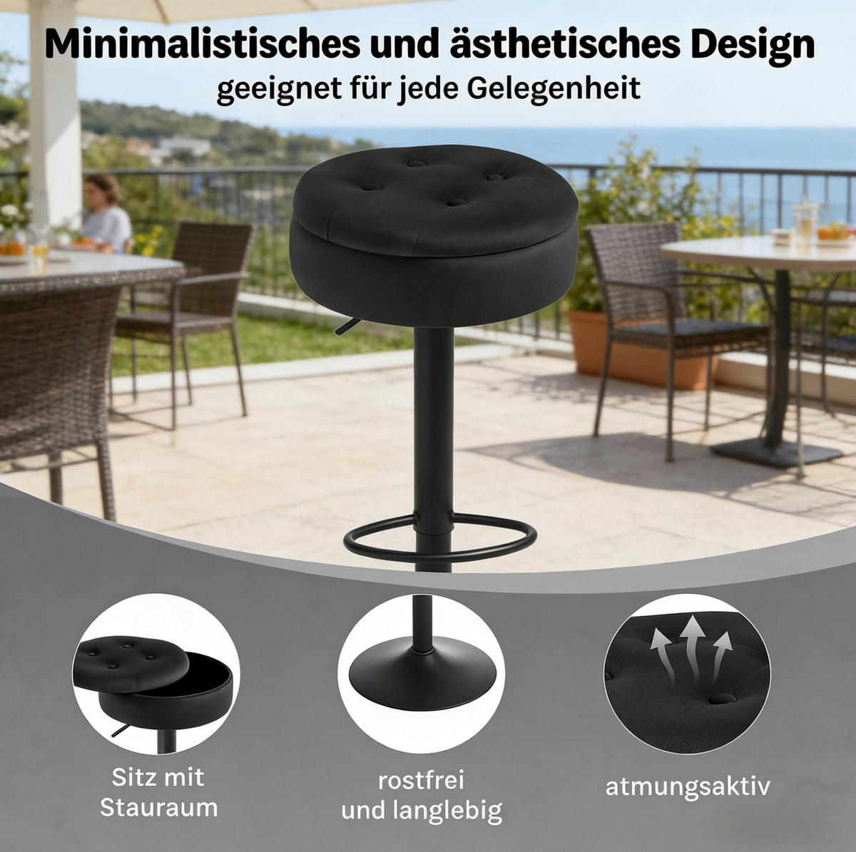 BARHOCKER mit Stauraum höhenverstellbar schwarz Samt - Schwarz, Metall (39/79.5/39cm) - Meubliv