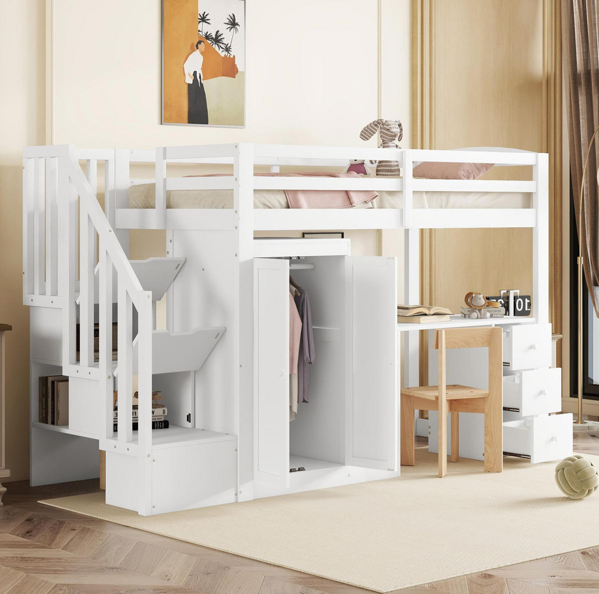 VYSOKÁ posteľ 90/200 cm biela z borovice a MDF so stolom, šatníkom, zásuvkami a úložnými schodmi - biela, kompozitné drevo (90/200cm) - OKWISH