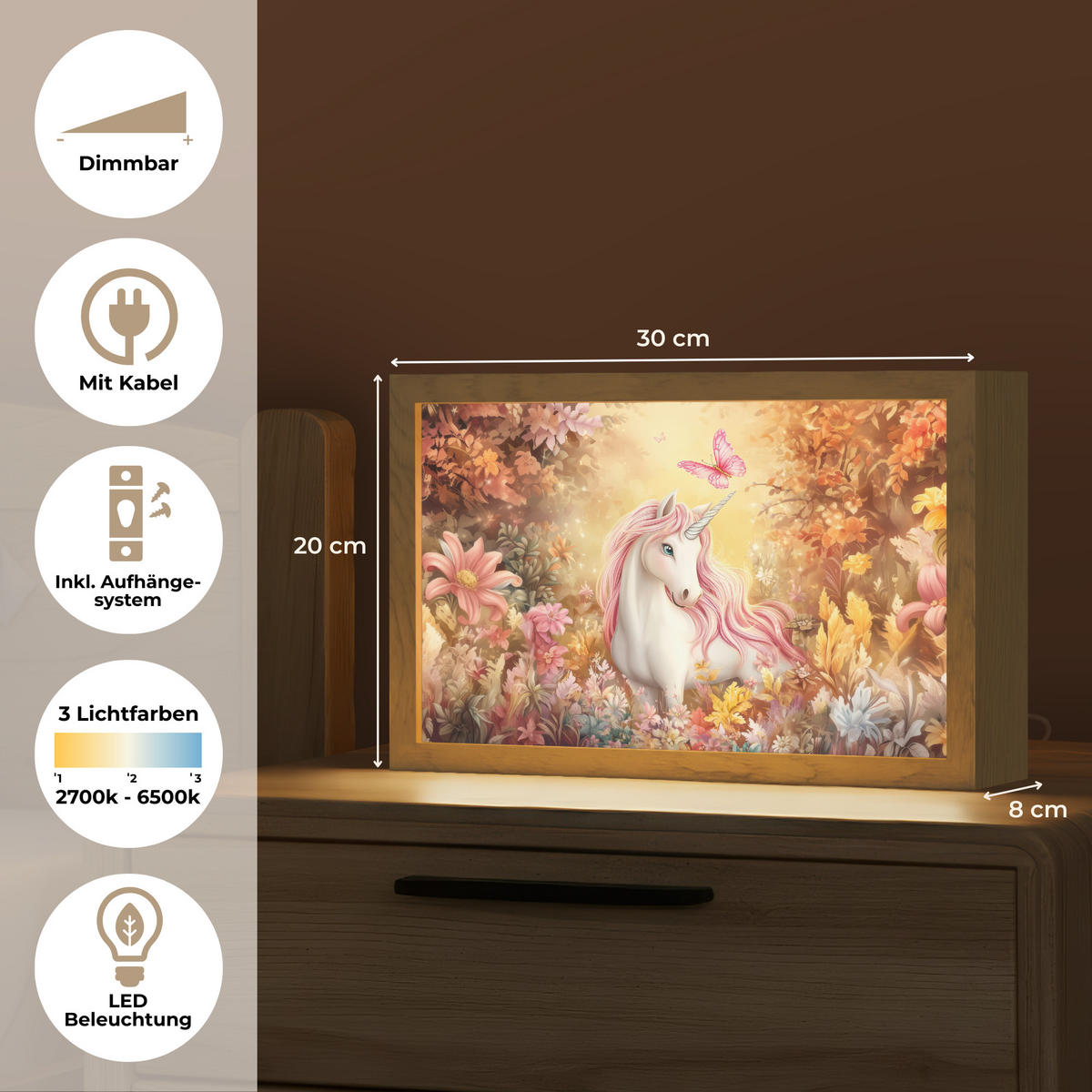 NÁSTĚNNÁ LAMPA Jednorožec - Květiny - Motýl - Růžová 30x20 cm - béžová, kompozitní dřevo (30/20/8cm) - OnlyWow