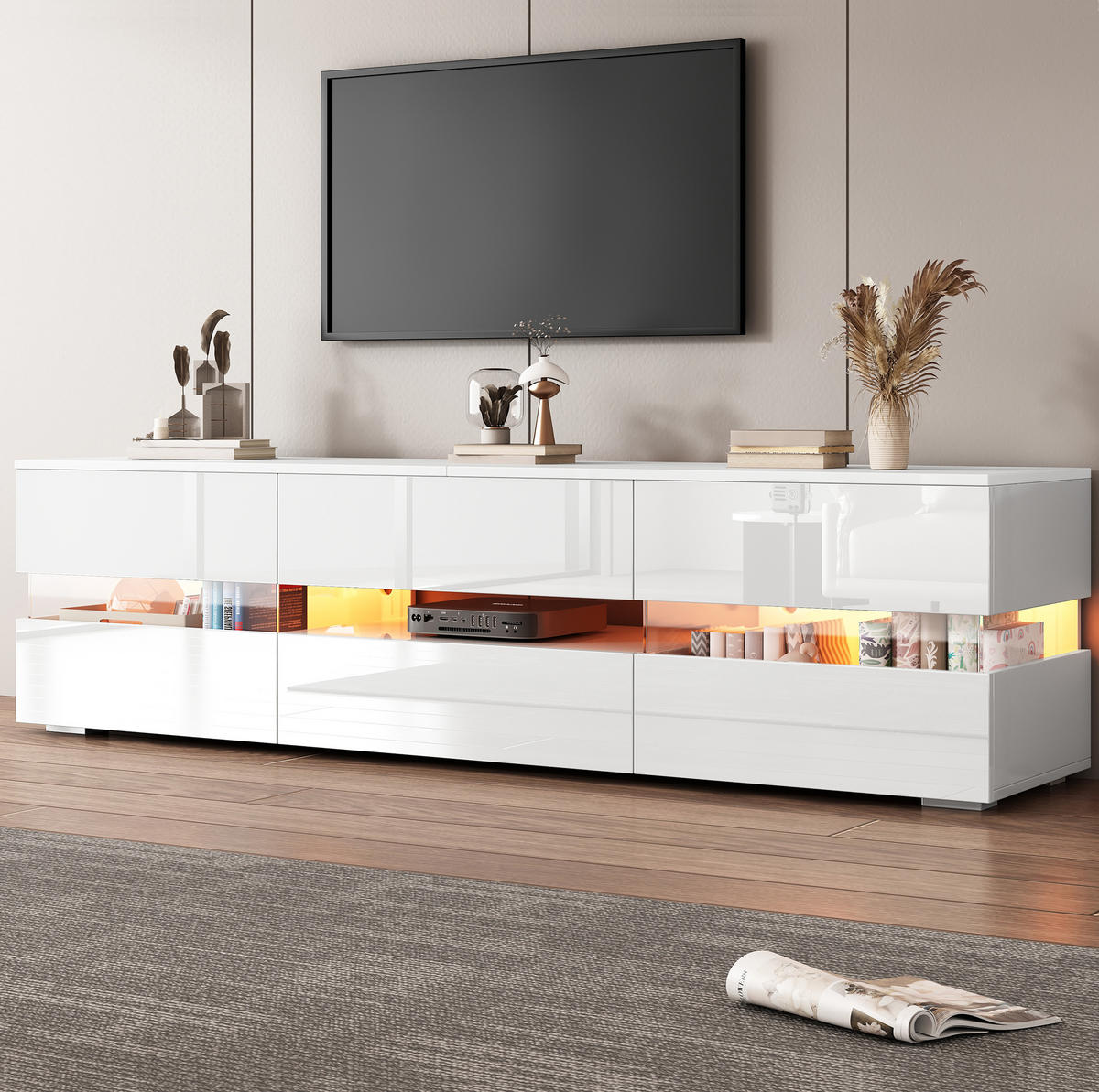 TV-LOWBOARD aus Spanplatte 160x39x45 cm Weiß mit LED-Beleuchtung, Hochglanzfront und Stauraum - Weiß, Holzwerkstoff (160/45/39cm) - IVMEU