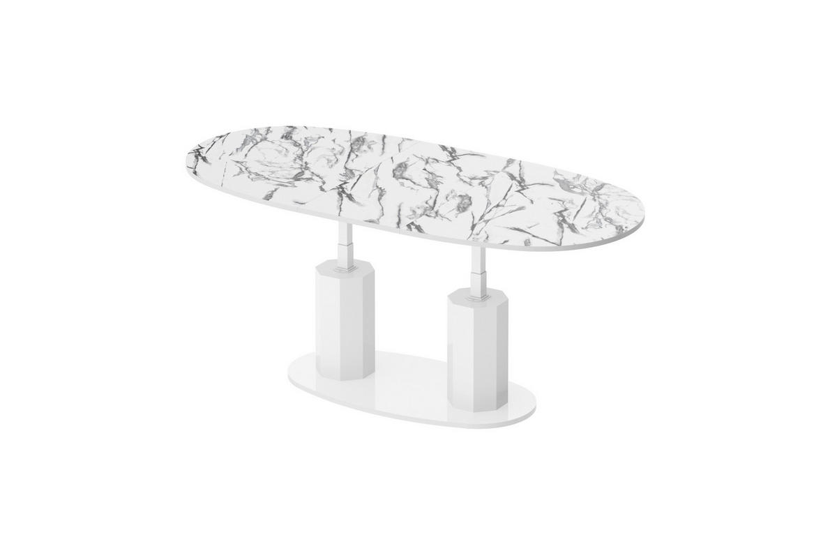 COUCHTISCH Marmor Natur Weiß Hochglanz oval ausziehbar höhenverstellbar - Weiß Hochglanz/Naturfarben, Holzwerkstoff (80/130/54cm) - designimpex