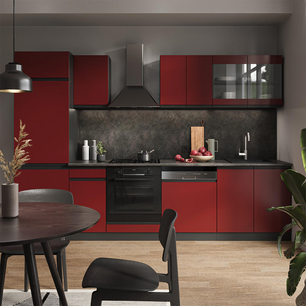 KÜCHENZEILE R-Line Rot/Anthrazit 300 cm, AP Eiche - Anthrazit/Rot, Holzwerkstoff (300/81.6/60cm) - Vicco