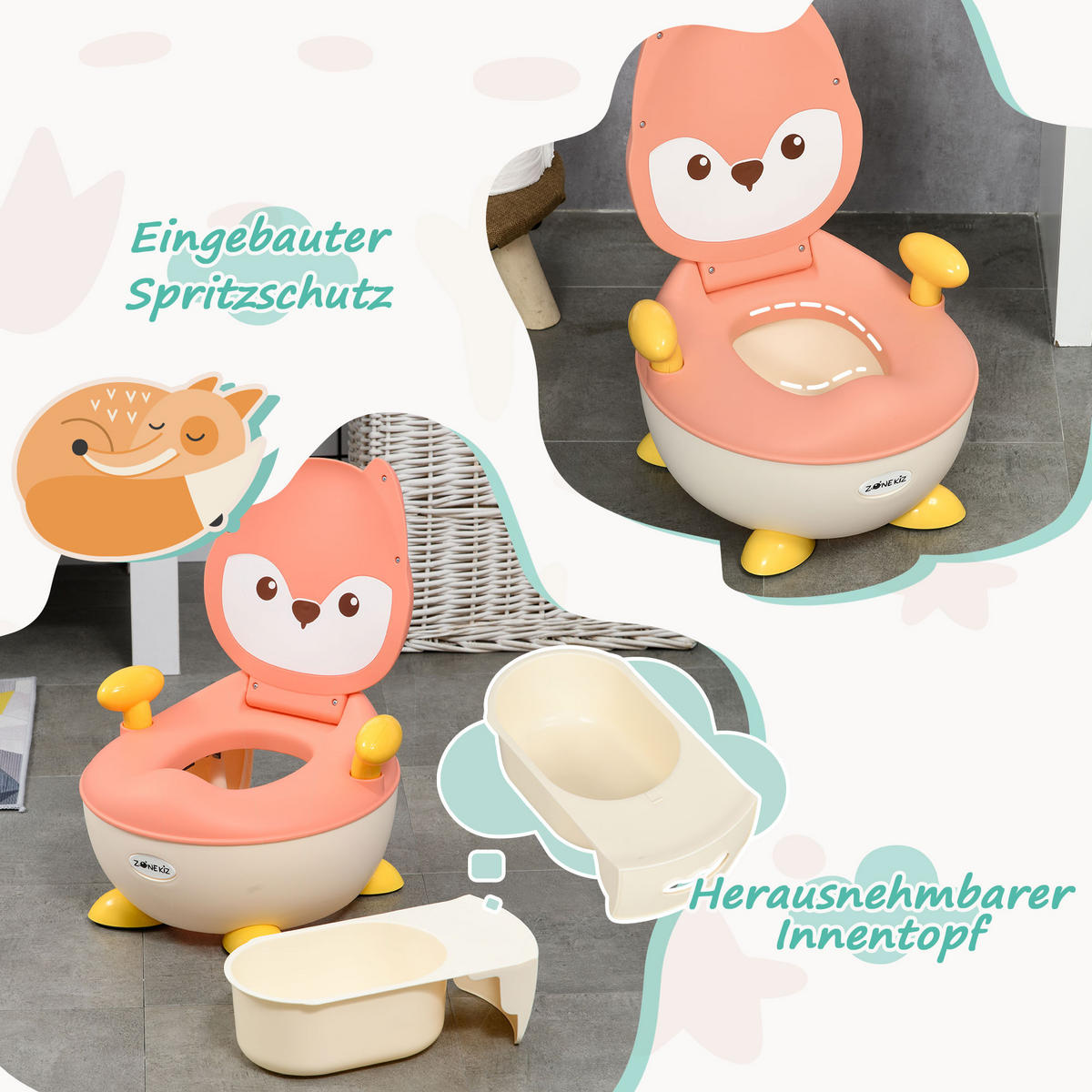 KINDERTOILETTE, Kunststoff, Rosa/Weiß/Gelb, 34,5L x 35B x 23H cm - Rosa, Kunststoff (35/23/34.5cm) - ZONEKIZ