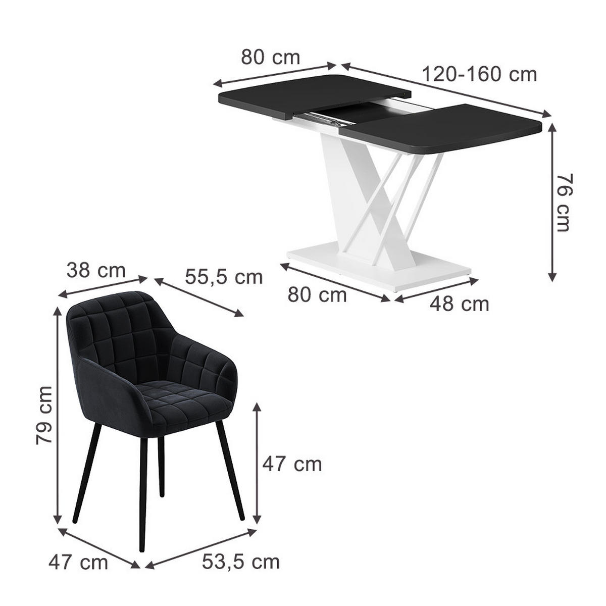 JEDILNA MIZA Fenaro, Črna/Bela, 120 x 80 cm s 4 jedilnimi stoli - črna/bela, leseni material (120/76/80cm) - Vicco