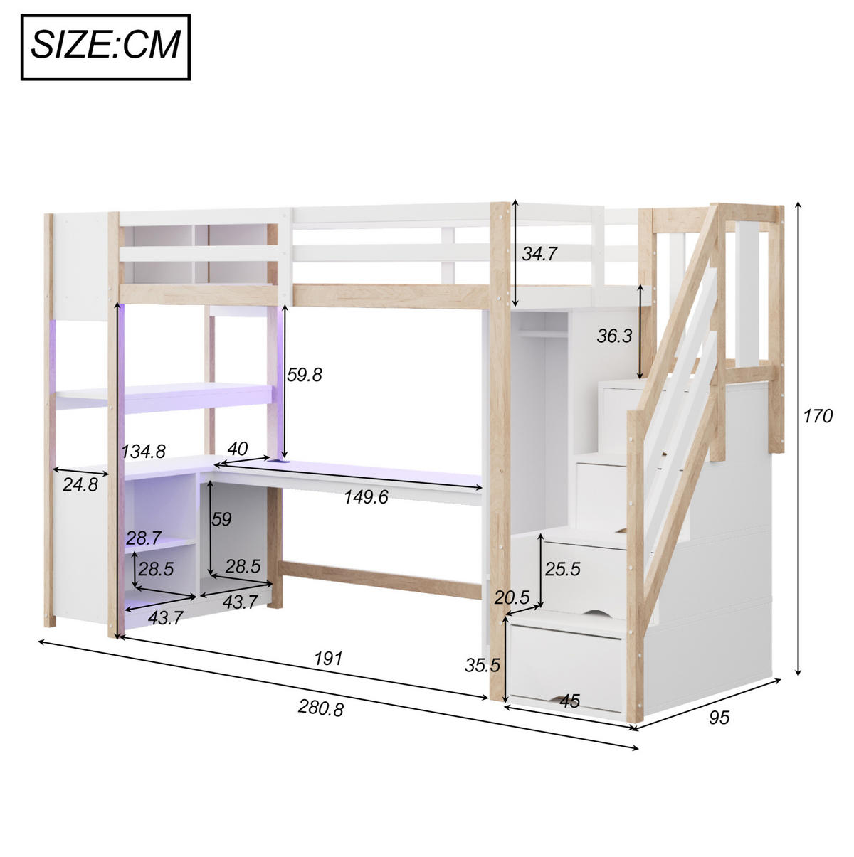HOCHBETT 90/200 cm aus Massivholz und MDF mit Schreibtisch, Kleiderschrank und LED Weiß/Natur - Naturfarben, Holz (90/200cm) - Modenvie
