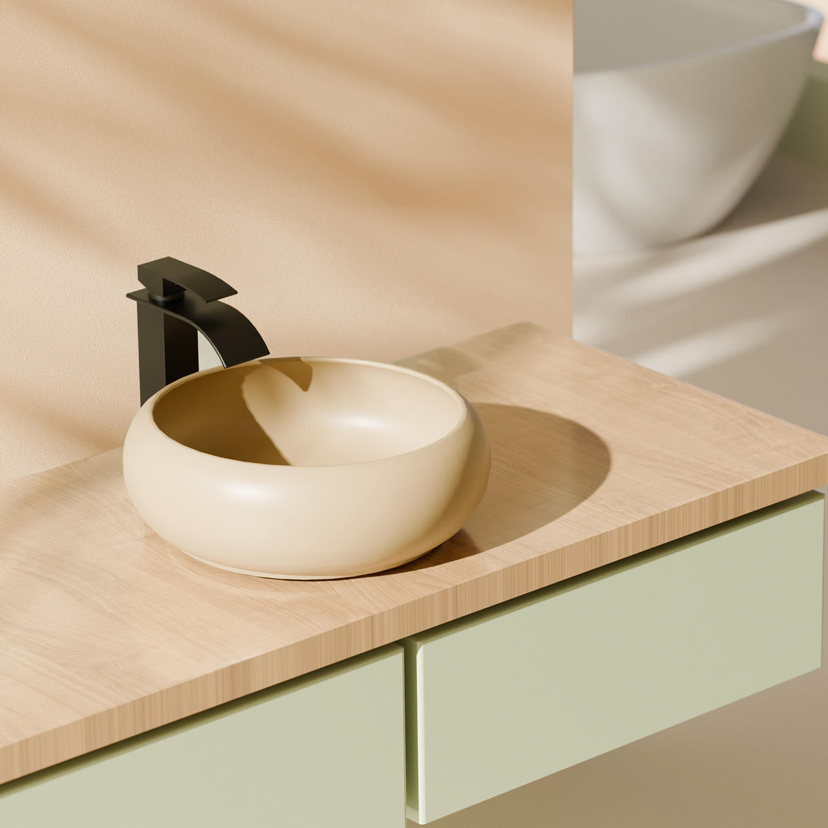 WASCHBECKEN Rund Gebogen Aufsatzmontage Mattbeige Ø36 / 12 cm - Beige, Keramik (36/12/36cm) - EMKE