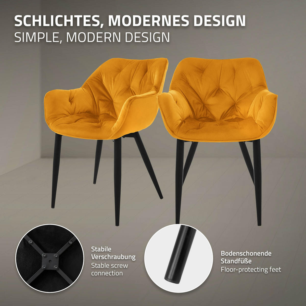 ESSZIMMERSTÜHLE 2er Set Senfgelb Samt - Dunkelgelb/Schwarz, Metall (67/83/59cm) - ML-DESIGN