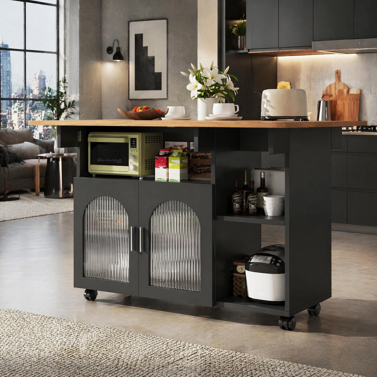 KÜCHENINSEL in Schwarz und Naturfarben Servierwagen mit Glastüren für Küche und Esszimmer, B120/T30/H79.5 cm - Schwarz/Naturfarben, Glas/Holzwerkstoff (120/79.5/70cm) - STILVORA