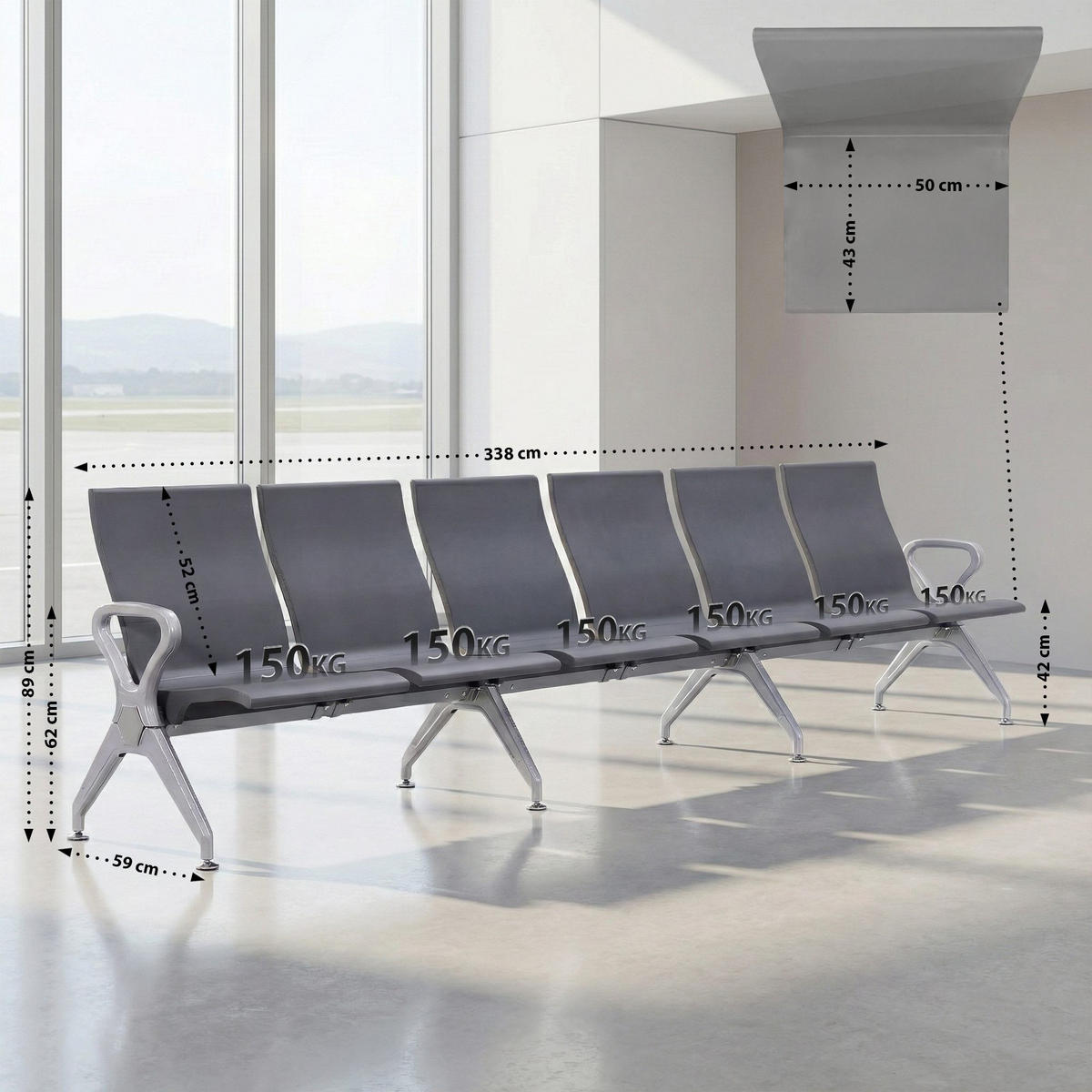 WARTEBANK Kunststoff Grau - Grau, Kunststoff/Metall (338/89/59cm) - CLP