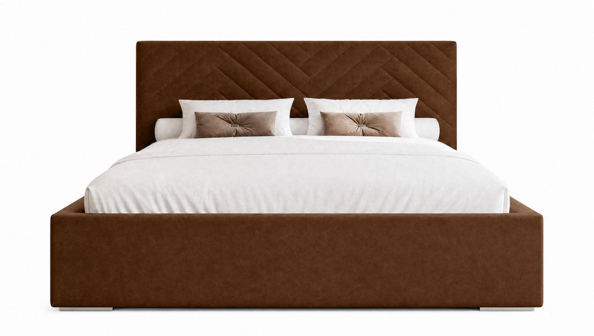 MARPUR Polsterbett AURA 140x200 cm mit Bettkasten und Lattenrost, Veloursstoff Dunkelbraun - Chromfarben/Dunkelbraun, Holz/Holzwerkstoff (140/200cm) - Marpur