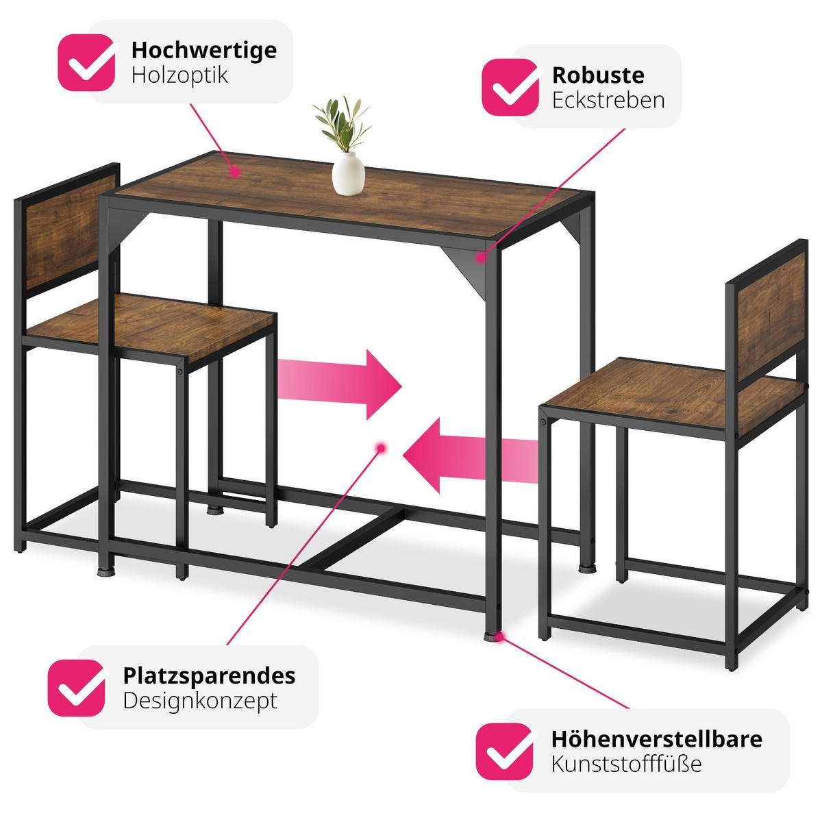 SITZGRUPPE Milton,mit höhenverstellbaren Kunststofffüßen,Industrial Holz dunkel, rustikal - Rostfarben, Holzwerkstoff (48/77/91cm) - tectake